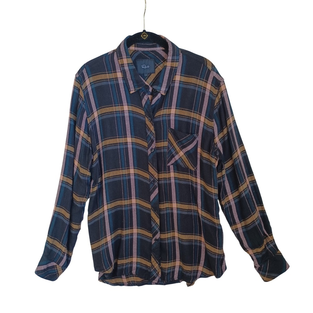 Rails Hunter Midnight Teal Mustard Plaid Rayon Button Down Shirt Womens Large